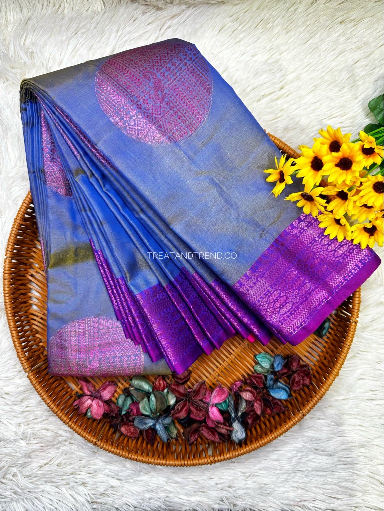 SOFT SILK - BLUISH GREY MIX PURLE BORDER SOFT SILK - BLUISH GREY MIX PURLE BORDER