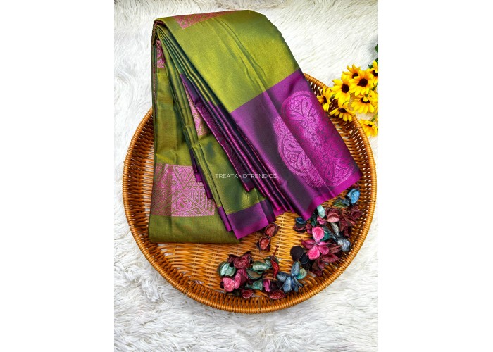 SOFT SILK - MUD GREEN MIX PURLE BIG BORDER 