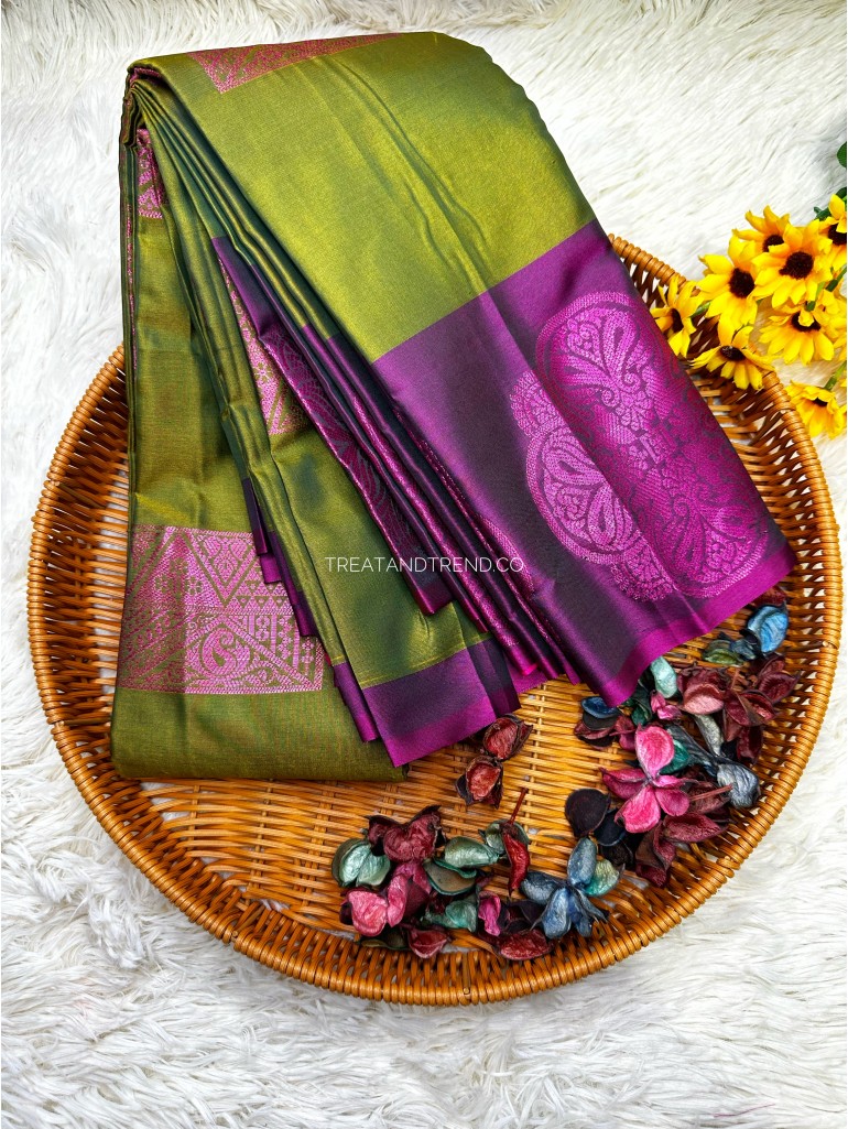 SOFT SILK - MUD GREEN MIX PURLE BIG BORDER 