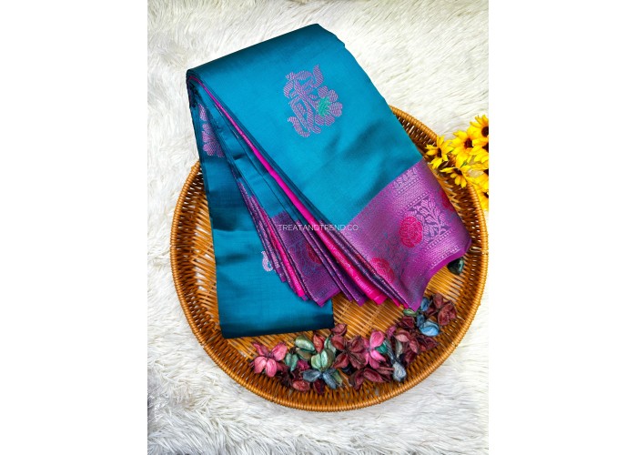 SOFT SILK - GREENISH BLUE MIX PURPLE BORDER