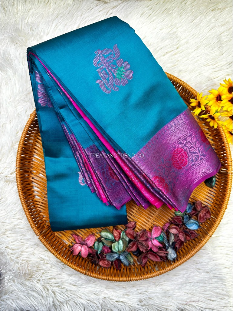 SOFT SILK - GREENISH BLUE MIX PURPLE BORDER SOFT SILK - GREENISH BLUE MIX PURPLE BORDER